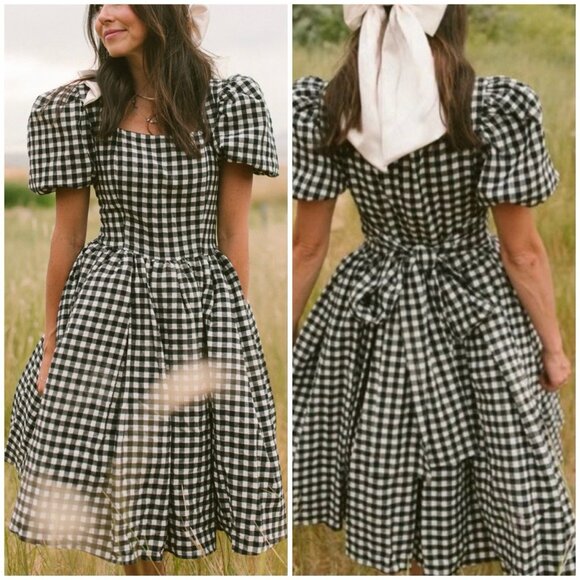 Ivy City Co Black Gingham Puff Sleeve Dress | Cottagecore Picnic Dress 2 XS NWT - Picture 1 of 9